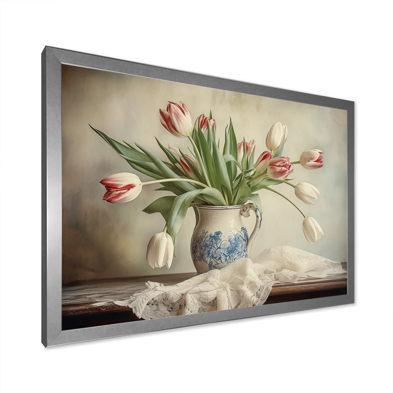 Tulipes, bouquet de natures mortes VI sur toile, Cadre simple argenté, H 16 po x l 32 po x P 1 po