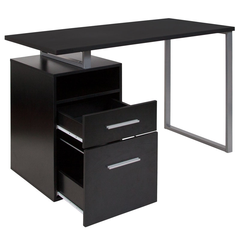 Desk with Two Drawers and Metal Frame, Black