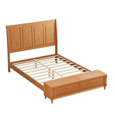 Lit-bateau grand lit en bois massif avec tête de lit haute et banc de rangement de 64 po, structure en bois d'hévéa naturel avec commode à plateau relevable, aucun sommier tapissier requis