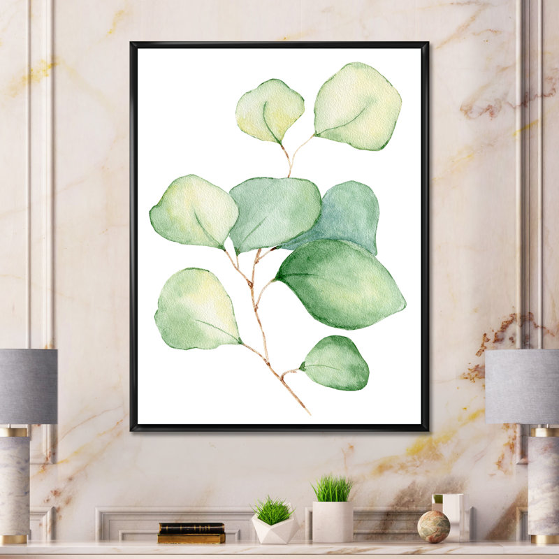 Délicates feuilles d'eucalyptus - Peinture sur toile, H 32 po x l 24 po, Cadre flottant noir