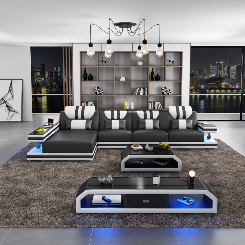 Lightspeed Modular Sectional, Black/White Genuine Leather, Left Hand Facing