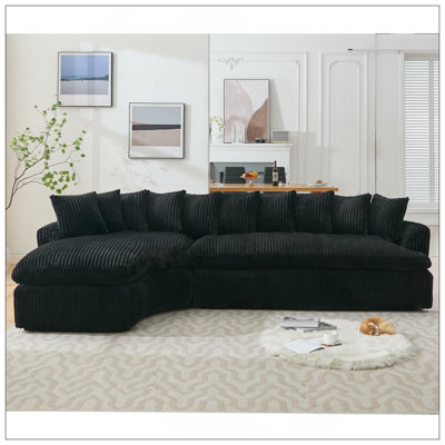 127''  Large Sectional Sofa ,Elegant Curved Design ,High-Resilience Foam ,Ten Back Cushions,L-Shape Left Sofa,No Assembly  Required , (Black-Soft Corduroy Fabric)