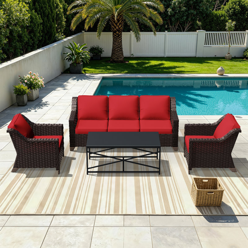 Ensemble de patio en rotin PE 5 places Aleira, Rouge