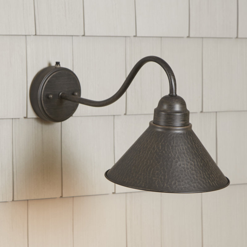 Witte 9.5 in. H 1-Light Aged Iron and Light Gold Dusk to Dawn Sensor Farmhouse Outdoor Wall Sconce, Gooseneck Metal Shade, Dark Sky Compliant for Exterior Porch Patio Front Door or Garage