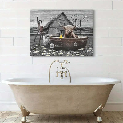 24x16 Bathroom Decor Wall Art Funny Highland Cow in Bathtub Pictures Wall Decor Rustic Bathroom Cow Painting for Bathroom Toilet Artwork Framed .