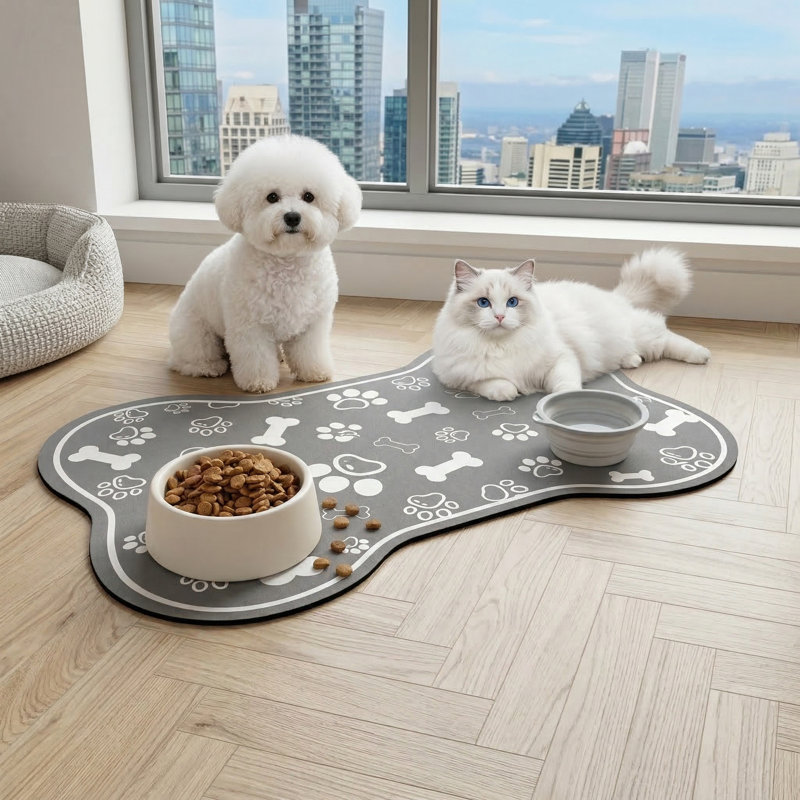 Tapis pour chien et chat gris en forme d'os à absorption rapide 12 po x 18 po, napperon en caoutchouc antidérapant pour bol d'eau, sans taches, accessoires pour animaux d'intérieur