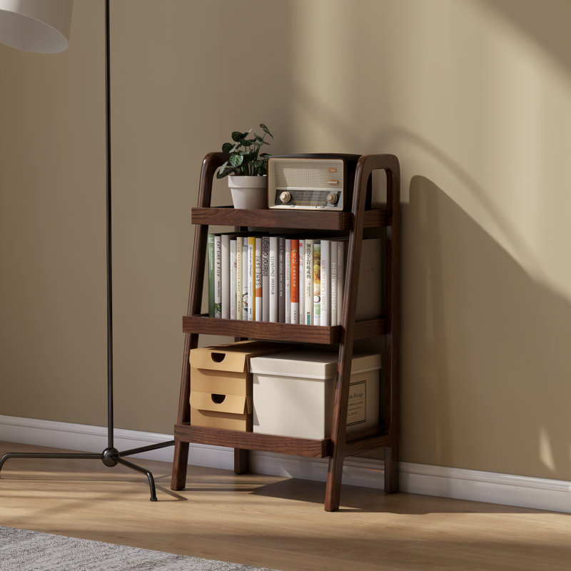 17.7"W Solid Oak End Table with Shelves, Brown Oak, 31.5" H x 17.7" W x 12.6" D
