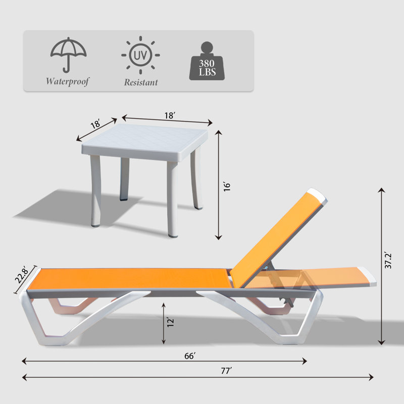 Ensemble 3 pièces de chaise longue d'extérieur avec table Ysabelle, Orange