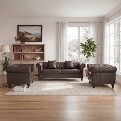 Fynlie 3-Piece Tufted Faux Leather Chesterfield Sofa Couch Accent Chair Living Room Furniture Set