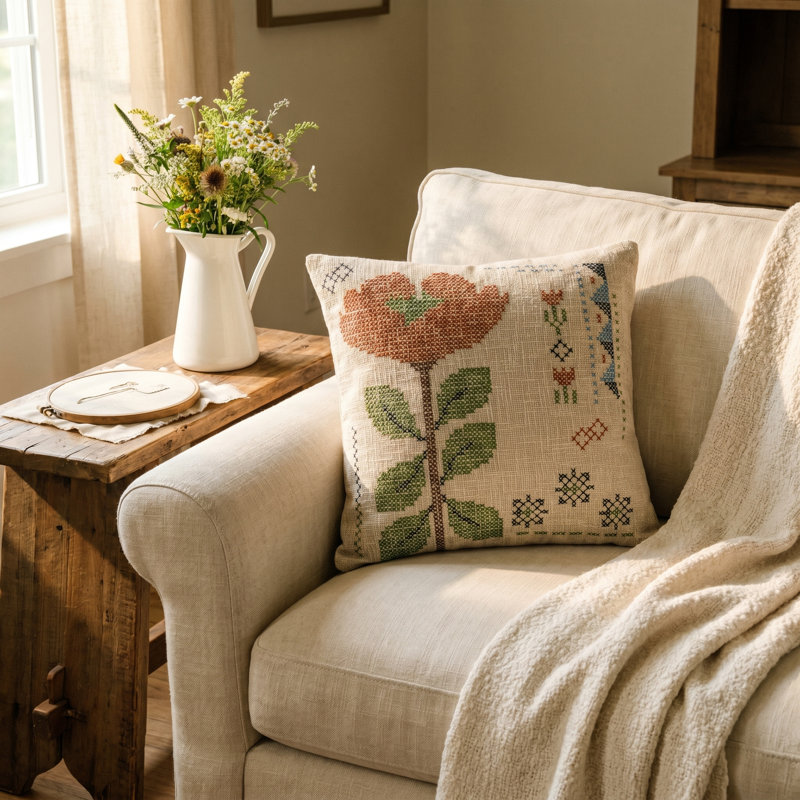 Embroidered Cotton Slub Floral Pillow