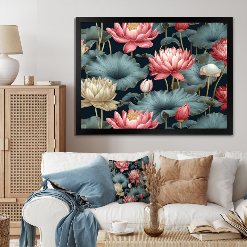 «Red Green Lotus Ponds III», reproduction sur toile, H 24 po x l 32 po x P 1 po, Cadre photo noir