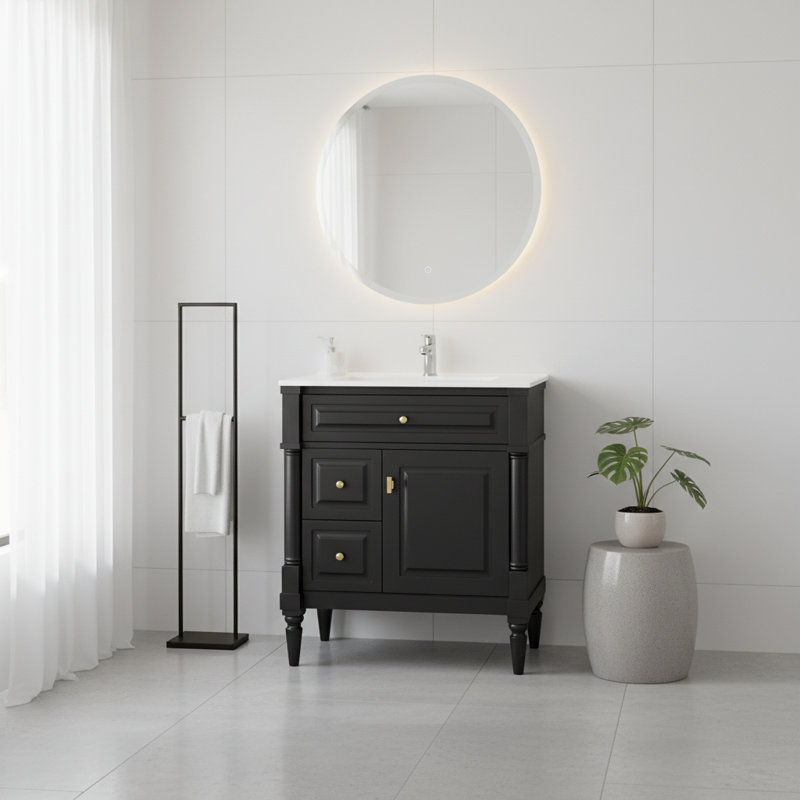 Meuble-lavabo moderne de 30 pouces avec lavabo en céramique et armoire de rangement | Idée cadeau, Noir, 30
