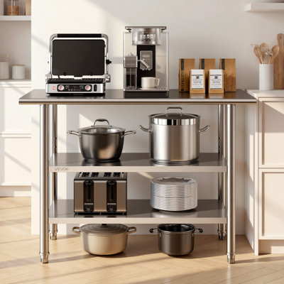 Table de travail en acier inoxydable, table de préparation des aliments de 24 po x 48 po avec 2 tablettes, poste de travail de cuisine commerciale, table de travail utilitaire en métal robuste, pour l'extérieur du garage de l'hôtel