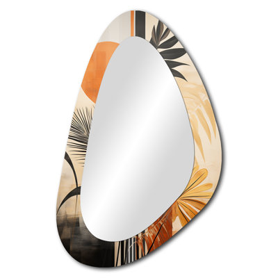 Milner Funky Foliage In Terracotta Tones II - Botanicals Asymmetrical Unique Wall Mirror, Modern Unique Shape Mirror, Printed Metal Art