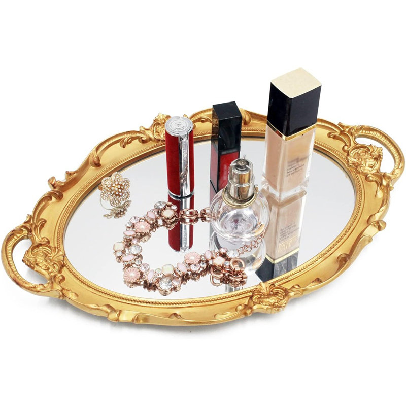Plateau décoratif oval doré miroir, meuble-lavabo et plateau de salle de bain