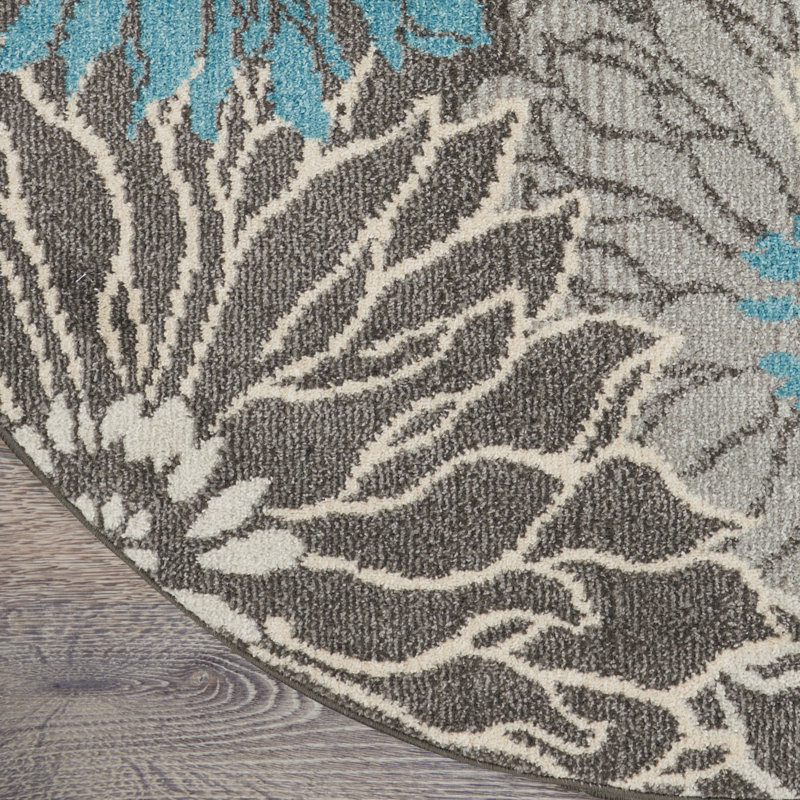 Tapis floral ivoire / gris / turquoise Gehl, Rond 5 pi 3 po