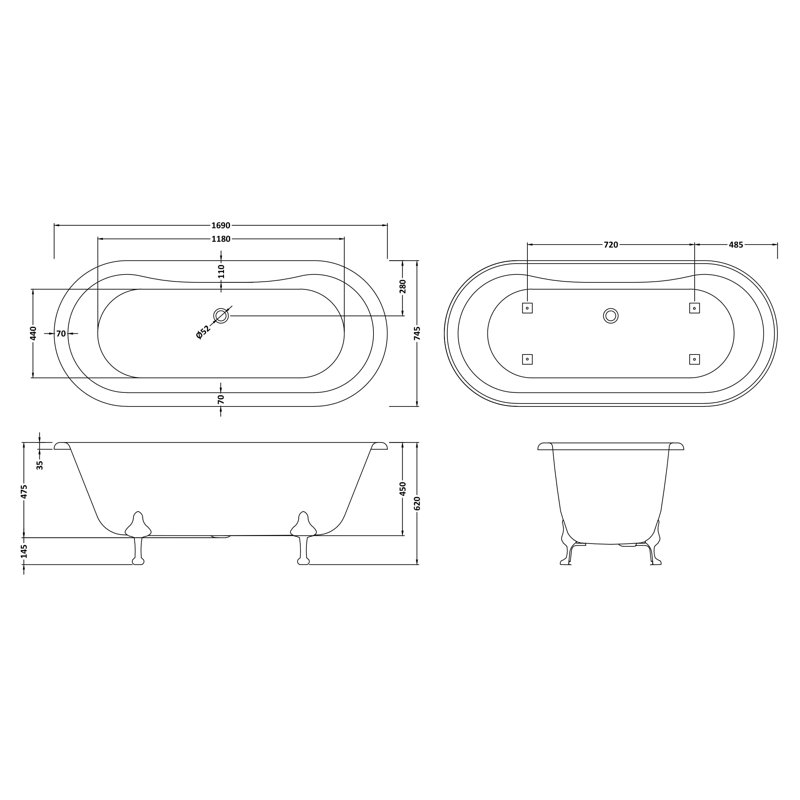 Kingsbury x Freestanding Soaking Acrylic Bathtub, 65cm H x 170cm L x 74.5cm W
