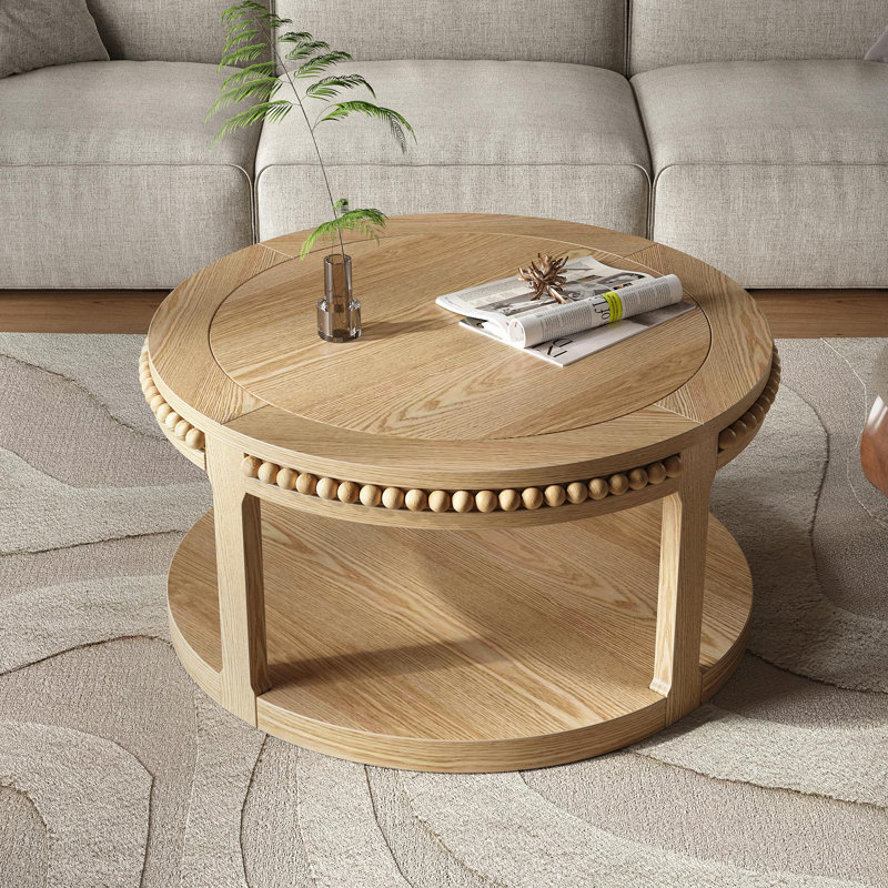 Table basse et canapé de 31,5 pouces en bois massif rond - plateau épaissi à deux niveaux, pieds robustes, table circulaire pour le salon (bois naturel)