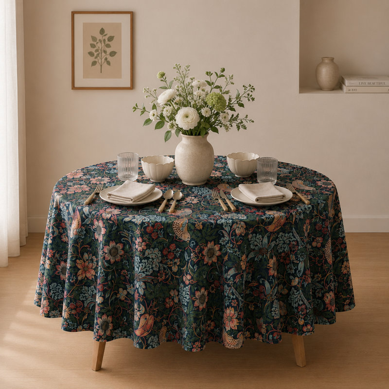 Nappe ronde en lin texturé 84 po, 84R, Strawberry Thief Blue