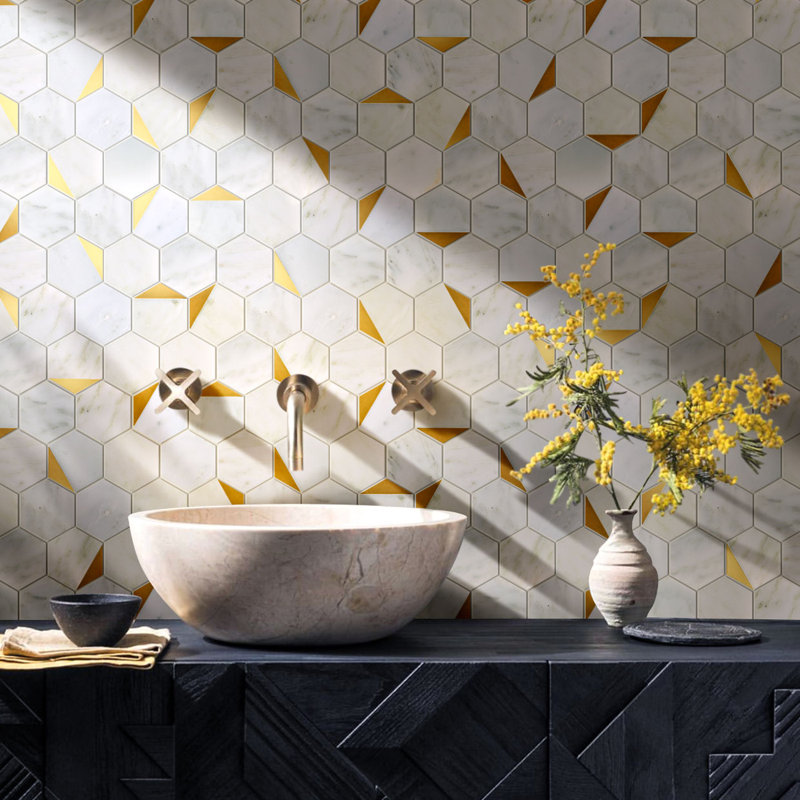 Natural 10.2 in. x 11.78 in. Hexagon Polished Marble Mosaic Tile, White/Gold