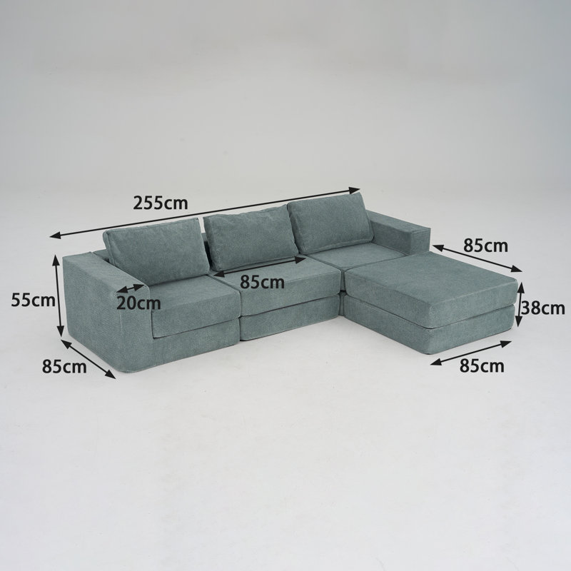 Modular 7-in-1 Cloud Sofa Bed - 255cm Chenille L-Shaped Sectional with 3 Pillows - Teal 