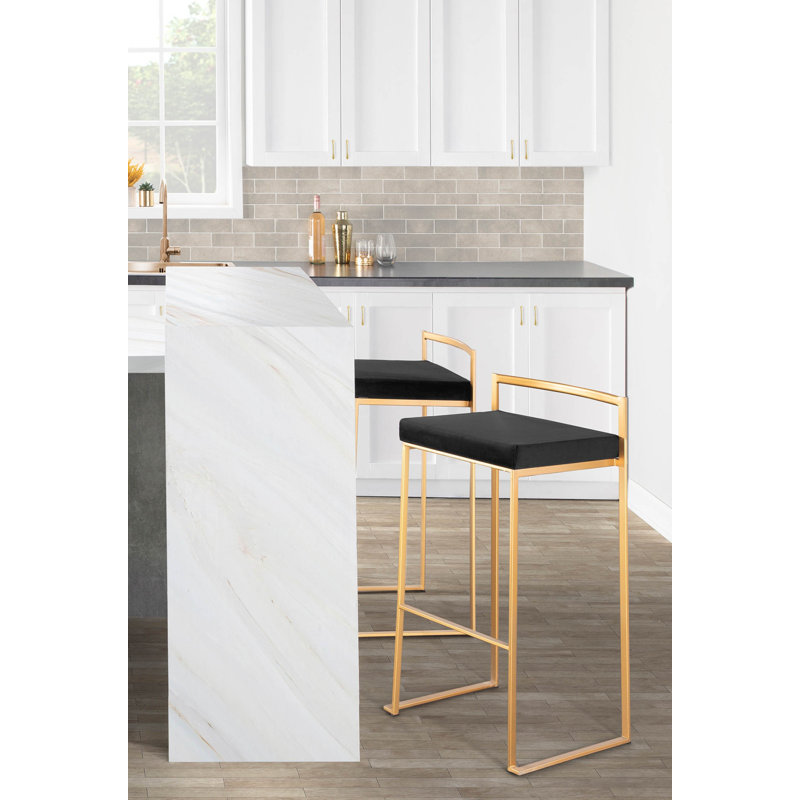 Derik Upholstered Stool with Metal Frame, Bar Stool (31" Seat Height), Gold, Black Velvet