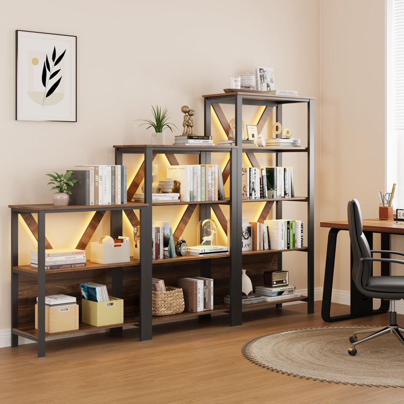 Bookshelf With LED Lights, Bookcase With Open Display Shelves, Brown, (3 Shelves) 35.2"H x 31.5"W x 15.8"D