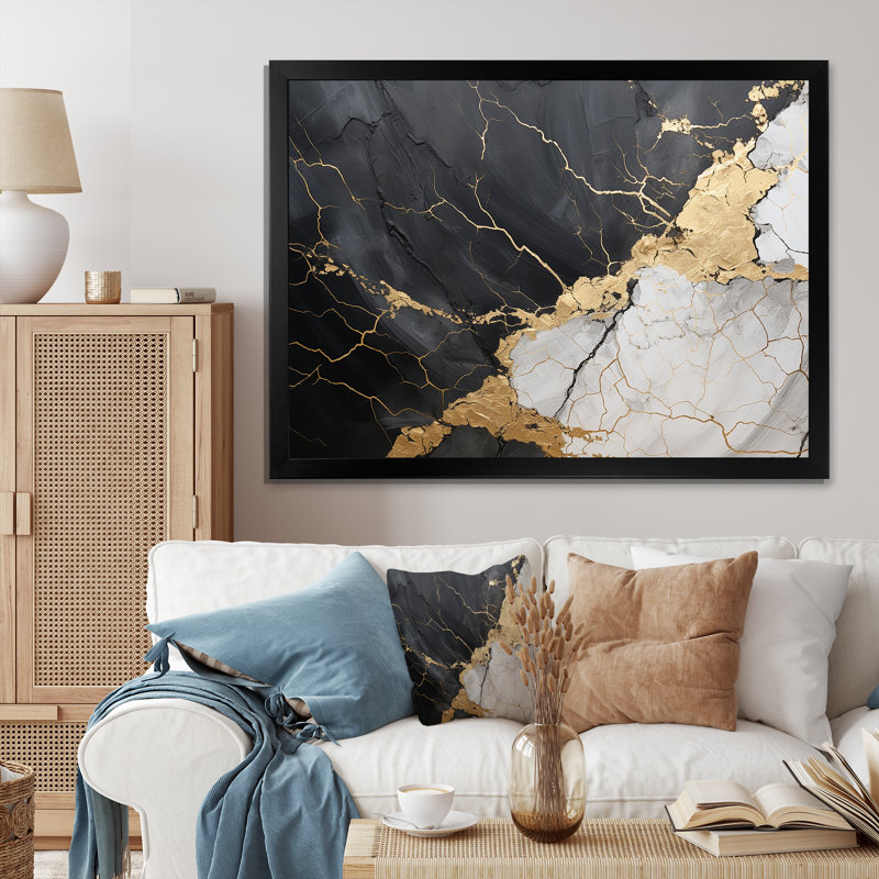 Art sur toile en forme de spirales abstraites or noir noir III, Cadre simple noir, H 30 po x l 40 po x P 1,5 po