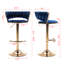 2 tabourets de bar, surface en velours bleu, pieds dorés, repose-pieds et base, hauteur réglable par outil de levage mécanique de 2 pieds avec instrument traversant
