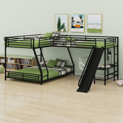Lit superposé en L avec lit mezzanine, bureau intégré et glissade