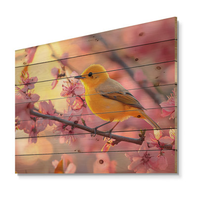 Songbird In Melody Spring Tree I - Bird Wood Wall Art - On Natural Pine Wood