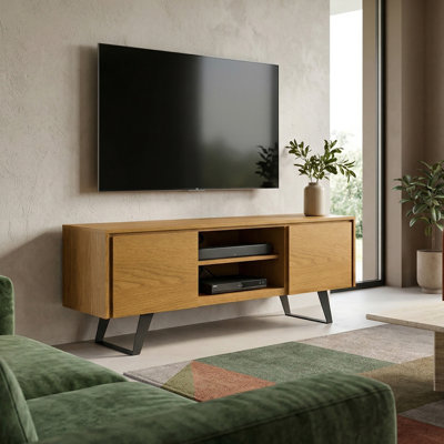 Lowry 63"W Solid Acacia Wood Industrial TV Stand for TVs up to 70" with 2 Cabinets and Open Shelf