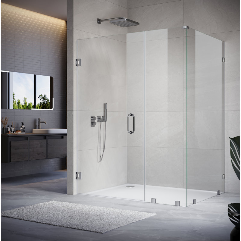 UKH07 63-1/8 to 64 in. W X 35 in. D X 80 in. H Frameless Hinged Shower Door in Brushed Nickel with EnduroShield 3/8 in. Clear Glass with 30 in. Door Panel