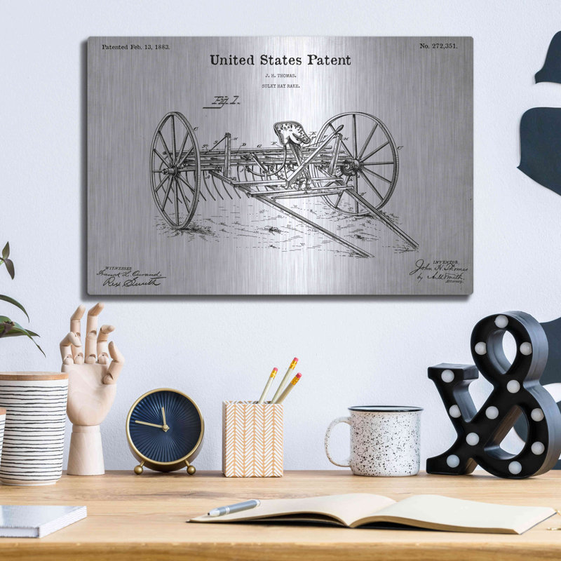 «Horse Drawn Hay Rake Blueprint Brevet White» par Patents, H 12 po x l 16 po