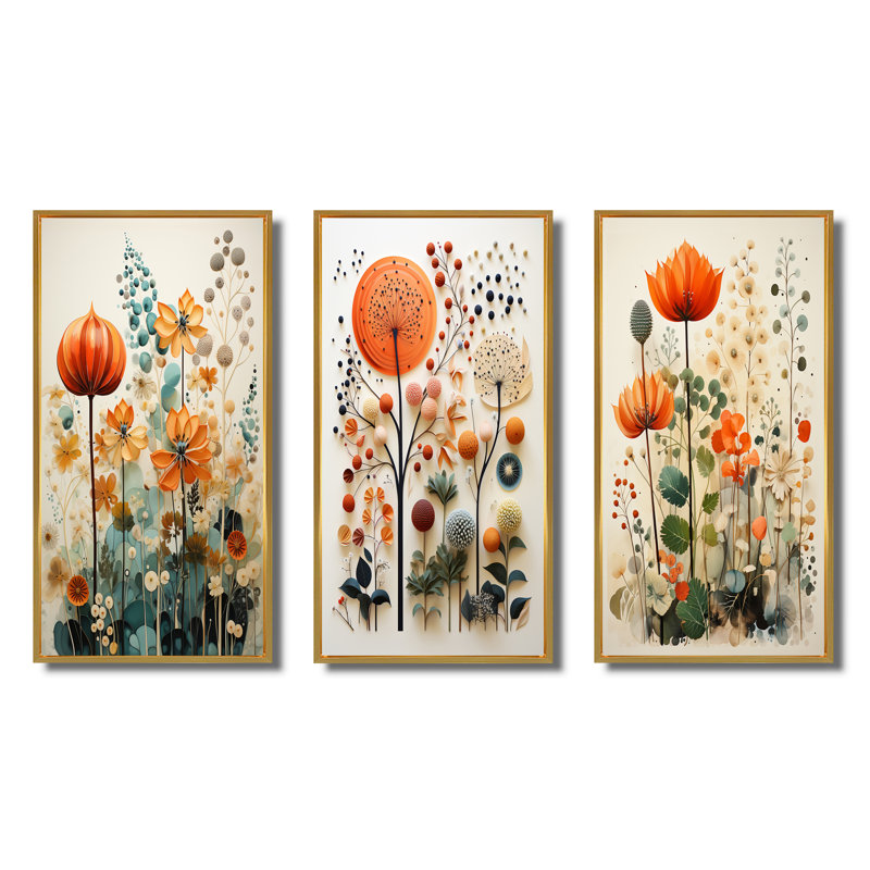 3 pièces sur toile - Botanicals Mid-Century colorés Mid-Century, H 32 po x l 48 po, Cadre flottant doré