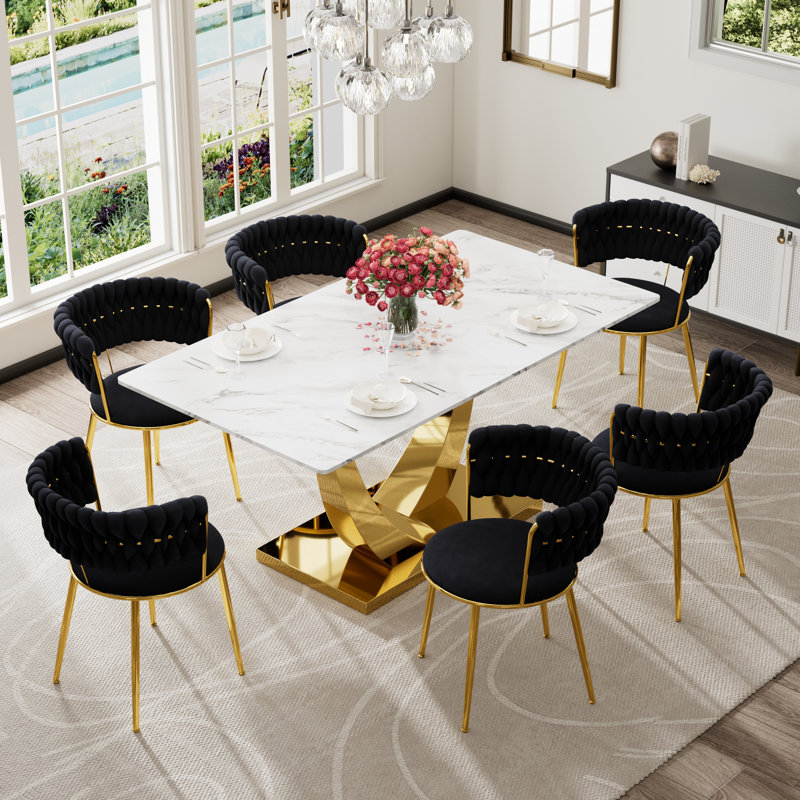 Ensemble de salle à manger à piédestal rectangulaire avec chaise de salle à manger en velours Modern Weaven, Table, 6 chaises