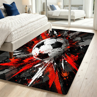 Abstract Soccer Ball Splash Area Rug, Dynamic Sports Theme Floor Mat, Vibrant Red Black White Indoor Carpet for Living Room Bedroom Game Basement Home Office decor and accessories