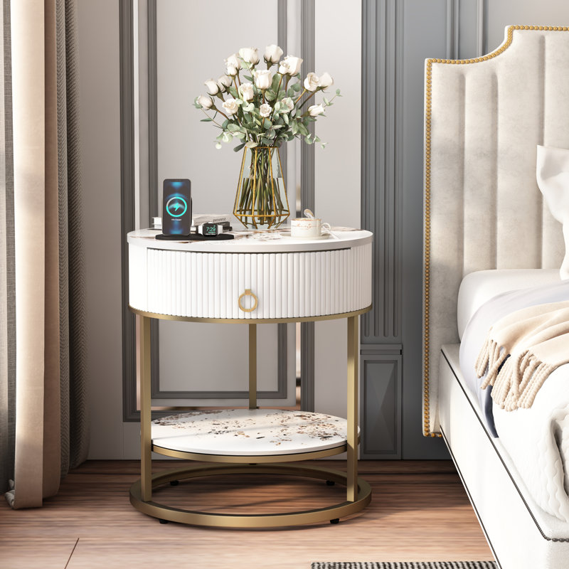  Round Side Table with Storage Drawer & Open Shelf, White, Gold