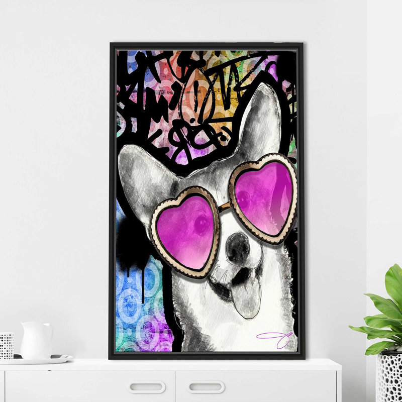 Corgi (vertical) - Impression sur bois, Cadre flottant noir, H 51,5 po x l 31,5 po x P 2 po