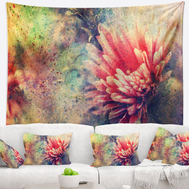 Tapisserie art grunge avec fleur et éclaboussures, H 32 po x l 39 po
