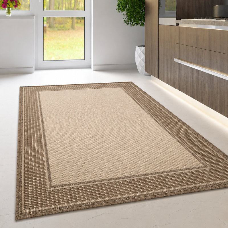Non Slip Border Rug Flat Weave Kitchen Living Room Carpet, Brown, Rectangle 120 x 160 cm