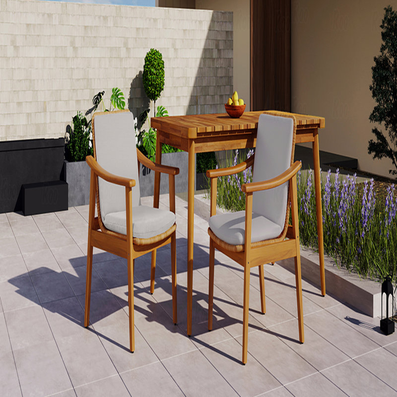 Ensemble de 2 chaises de patio pour l'extérieur, structure en bois d'acacia couleur teck, coussin imperméable brun en osier PE gris