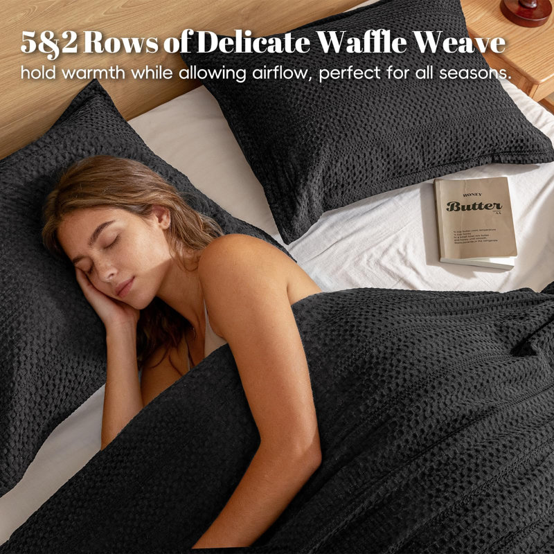 PHF Soft Waffle Comforter Set, Comfy Breathable Lightweight Textured Waffle Weave Comforter Bedding Set, Black