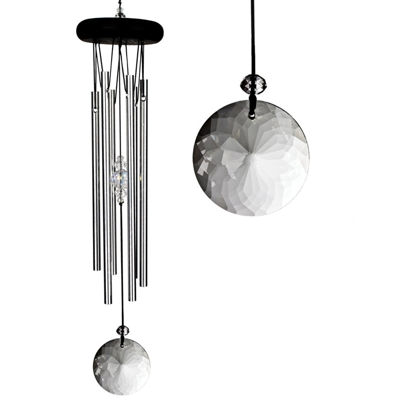 Silver Polished Aluminum Meditation Wind Chime with Crystal Accents