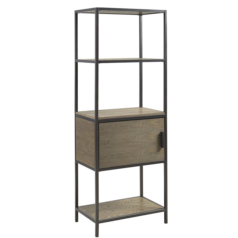 Bibliothèque grise avec armoire de rangement - structure en métal pour la chambre à coucher et le salon avec finition grise exposant des objets décoratifs