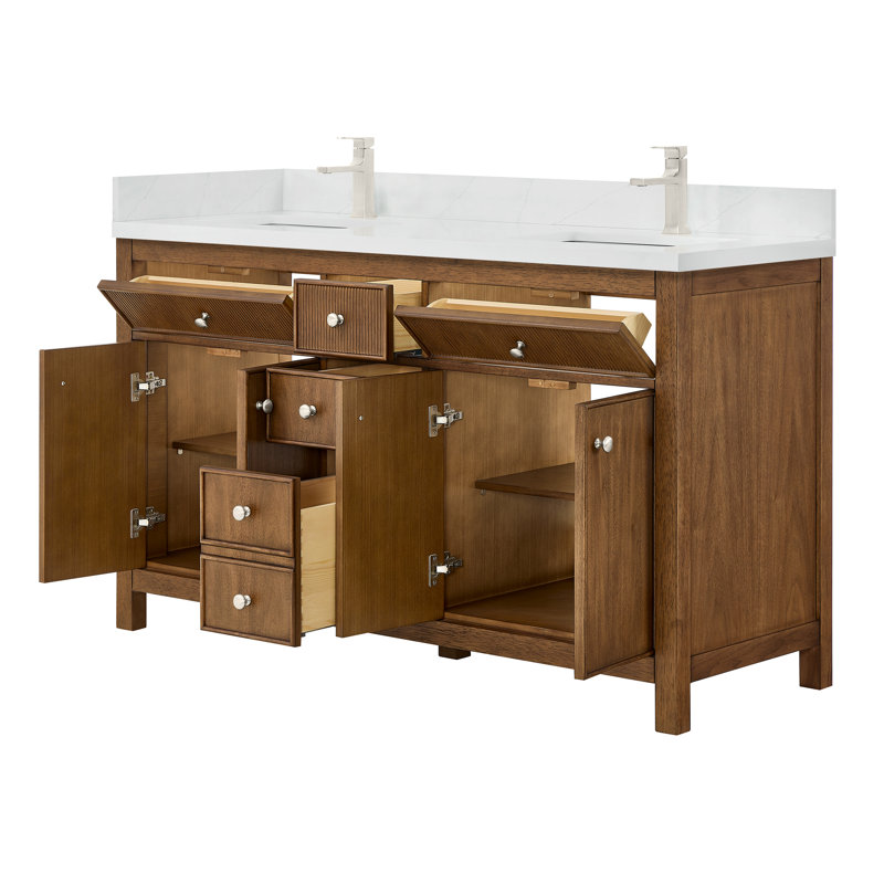 Meuble-lavabo double 60 po Rian en noyer grillé, comptoir en quartz Giotto, lavabos carrés encastrés (1 trou), garniture en nickel brossé