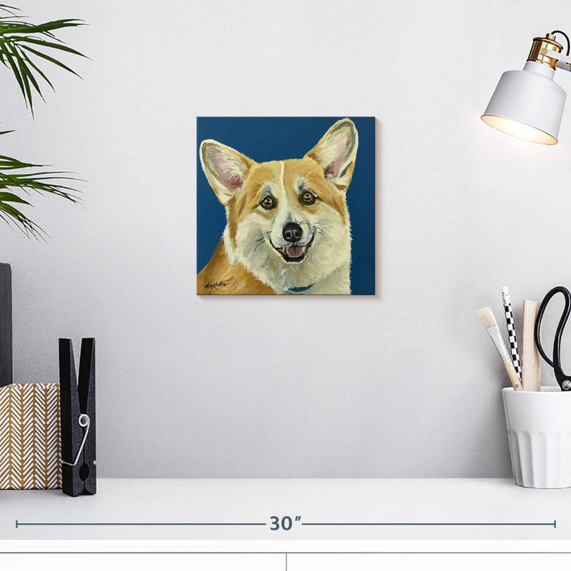 Corgi sur fond bleu, H 10 po x l 10 po