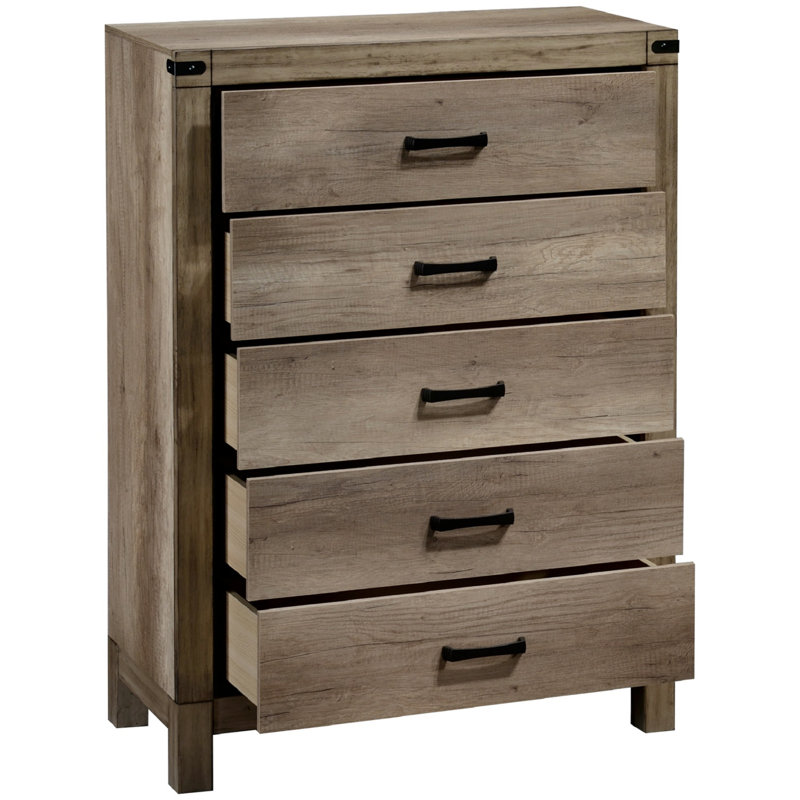 Commode contemporaine à cinq tiroirs avec fabrication en bois massif et finition en mélamine durable pour les chambres rustiques