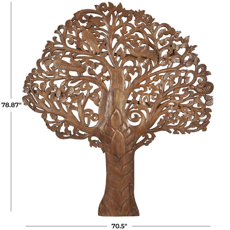 Mango Wood Large Carved Tree Wall Decor with Scrollwork, Brown