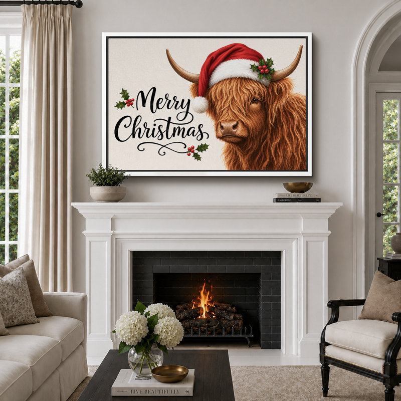 «Merry Christmas Highland Cow», impression sur toile, impression sur toile encadrée, H 16 po x l 24 po x P 1,5 po